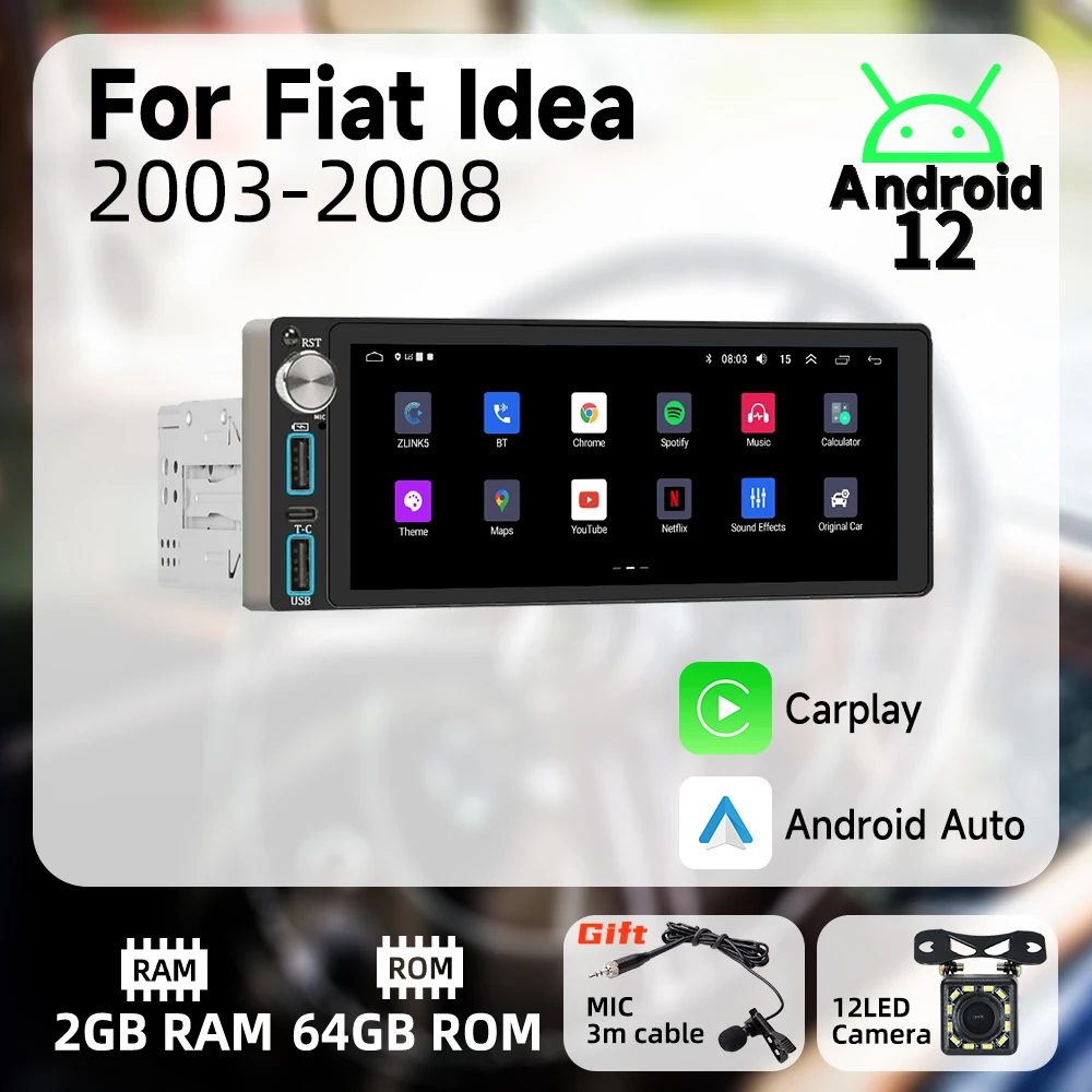 

Carplay 1Din Radio Android Car Multimedia for Fiat Idea 2003-2008 6.86" Screen Stereo Head Unit Autoradio GPS Navigation BT WIFI