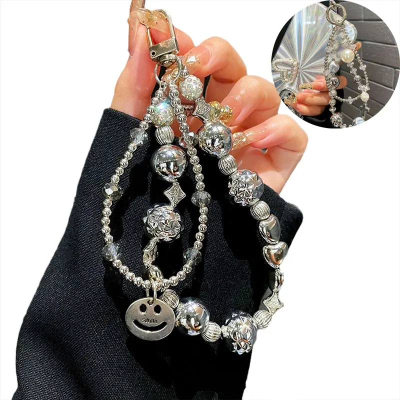 

Luxury Pearl Beaded Keychain Bracelet Lanyard Phone Charm Crystal Diamond Bead Mobile Phone Camera Wrist Strap Double Chains