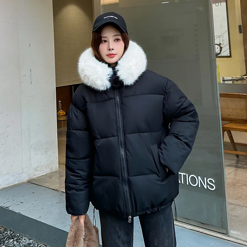 Women\'s Padded Hooded Short Jacket, Casual Glossy Coat, Warm Cotton Parkas, Fur Collar, Thick, Solid, Winter