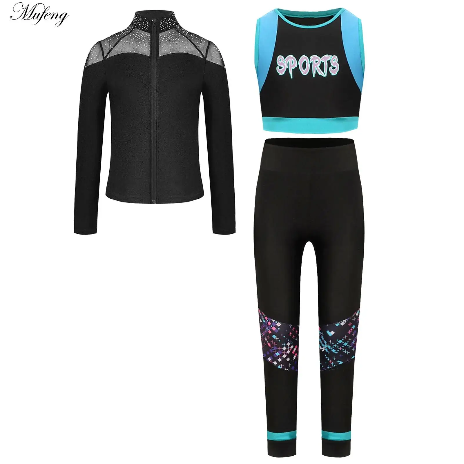 Girls Athletic Outfit Gymnastic Workout Tank Crop Leggings with Long Sleeve Figure Skating Jacket for Jazz Dancewear Sports Set