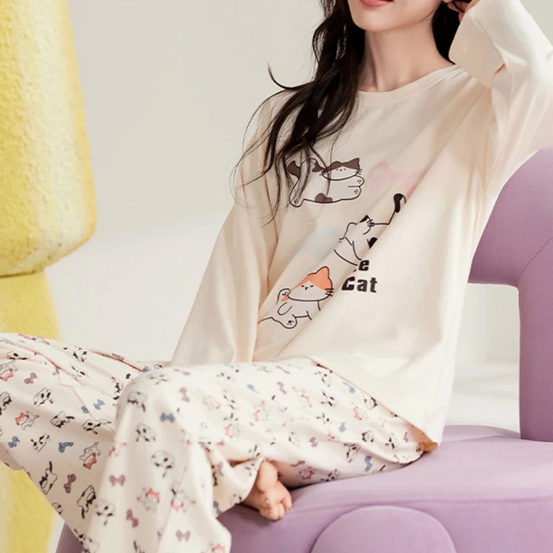 Cute Cat Pajamas Set Women Autumn Winter Long Sleeves Long Pants Sleepwear Soft Pijamas Cozy Pyjamas Kawaii Nightshirt Girls Pjs