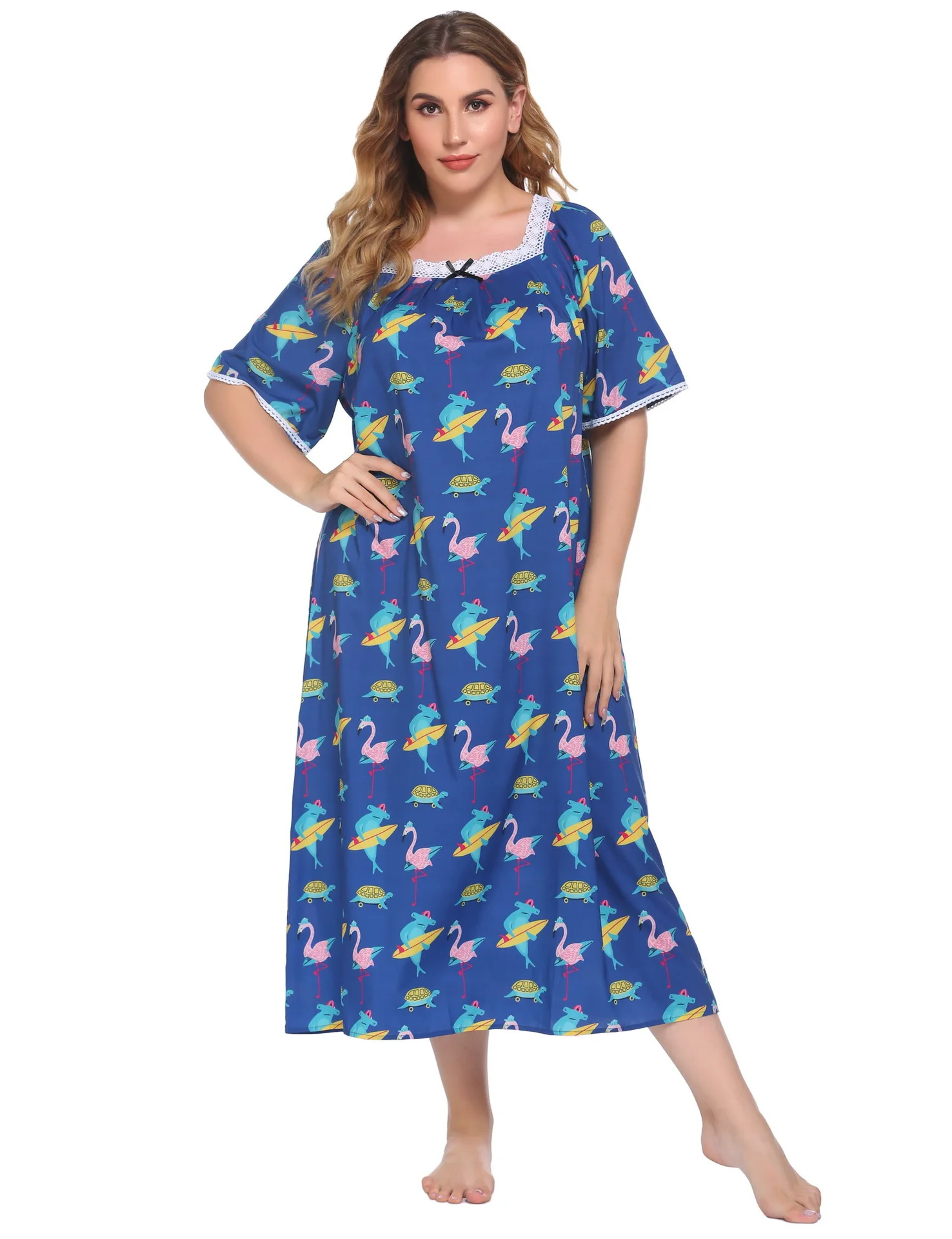 U-Neck Lace Short Sleeved Nightdress Women's Printed Casual Home Clothes Spring Autumn 4XL Nightgown Intimate Lingerie Sleepwear image 5