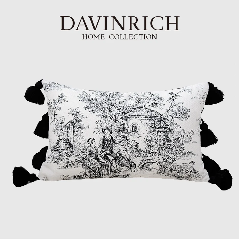

DAVINRICH Parisian Black Toile Lumbar Pillow Cover With Tassel Luxury Obling Cushion Case French Countryside Scene Home Decor
