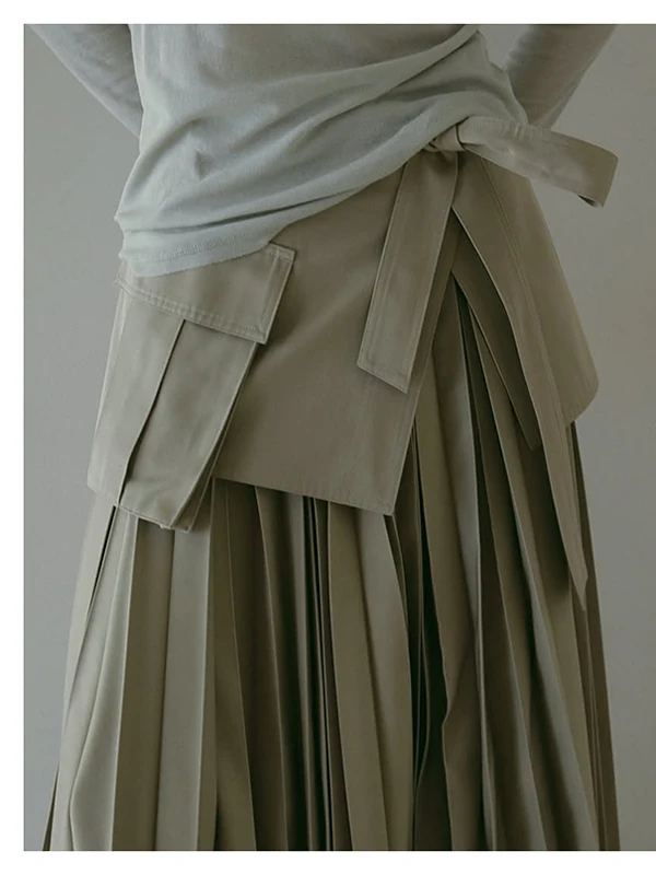 

ETRE Design Japanese Style Retro High Waist Wide Belt Pocket Pleated Long Skirt Women's Fashion Commute A-Line Silhouette