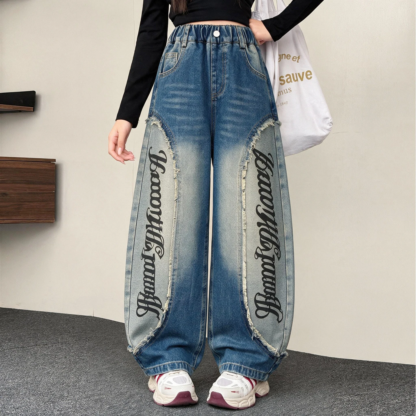 Girls' Autumn Jeans New Style Spicy Girl American Retro Fringed Patchwork letter Printed Curved knife Denim Pants For 5-14 Years