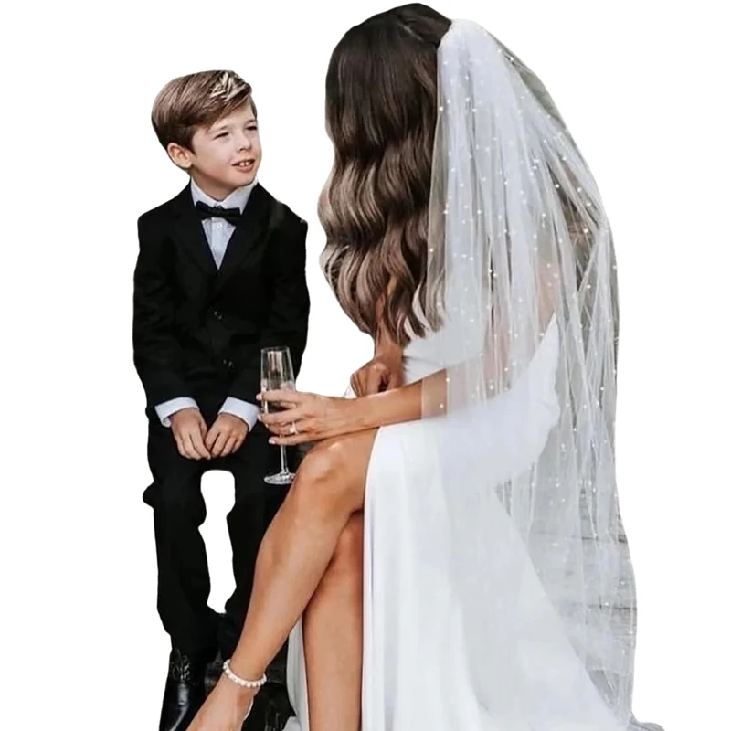 Elegancki welon ślubny z perłami i grzebieniem, akcesoria ślubne, długość 75cm/90cm/120cm/230cm/300cm