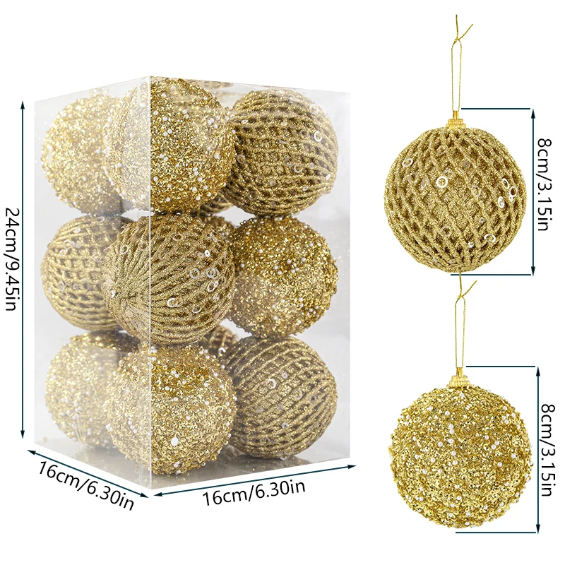 12Pcs 8cm Big Christmas Tree Balls Ornament Glitter White Red Xmas Tree Hanging Pendant Decoration For Home 2025 New Year Gift