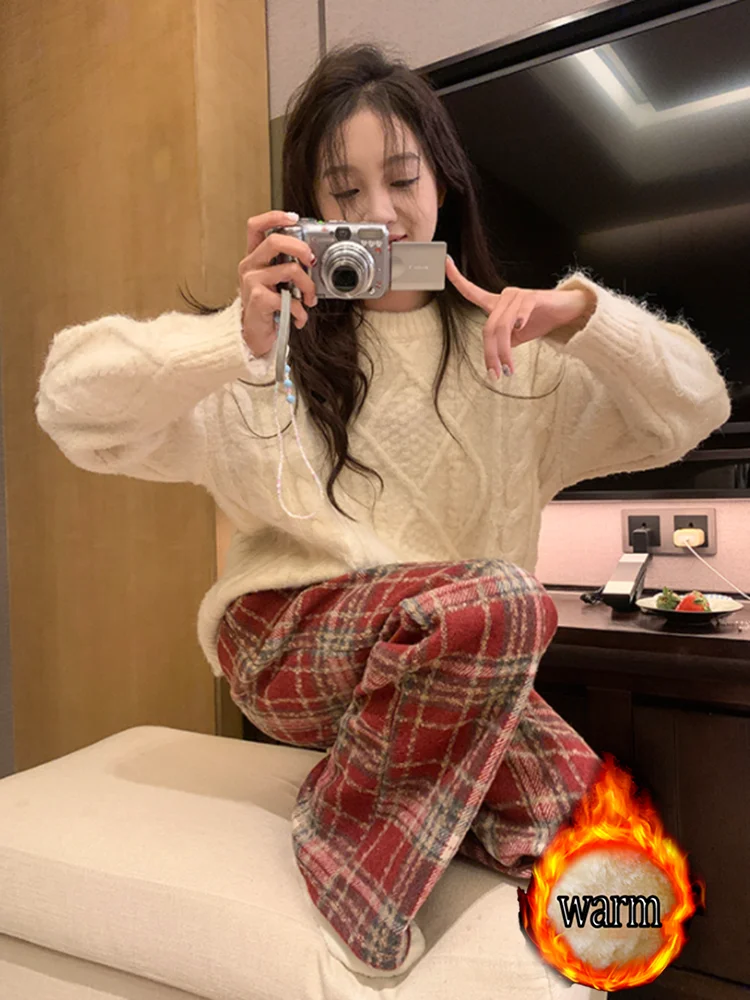 المرأة الخريف والشتاء الصوف الثقيل منقوشة السراويل نمط جديد الصوف مبطن سميكة عارضة الرياضة مستقيم الساق السراويل