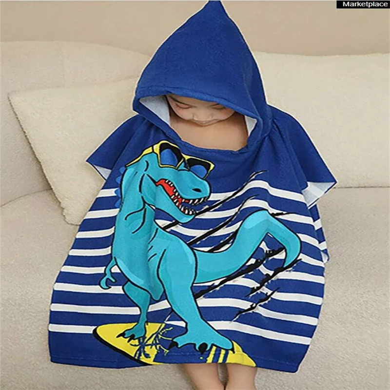 Dinosaur Soft Microfiber Swim Cover-Ups For 3 To 6 Years Old Kids Hooded Bath Beach Poncho Towels