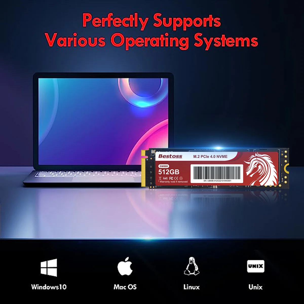 Bestoss M.2 NVMe PCIe 4.0x4 SSD 512GB 1TB 2280 7000MB/s SSD Unità a stato solido interna per computer da gioco fai da te PS5