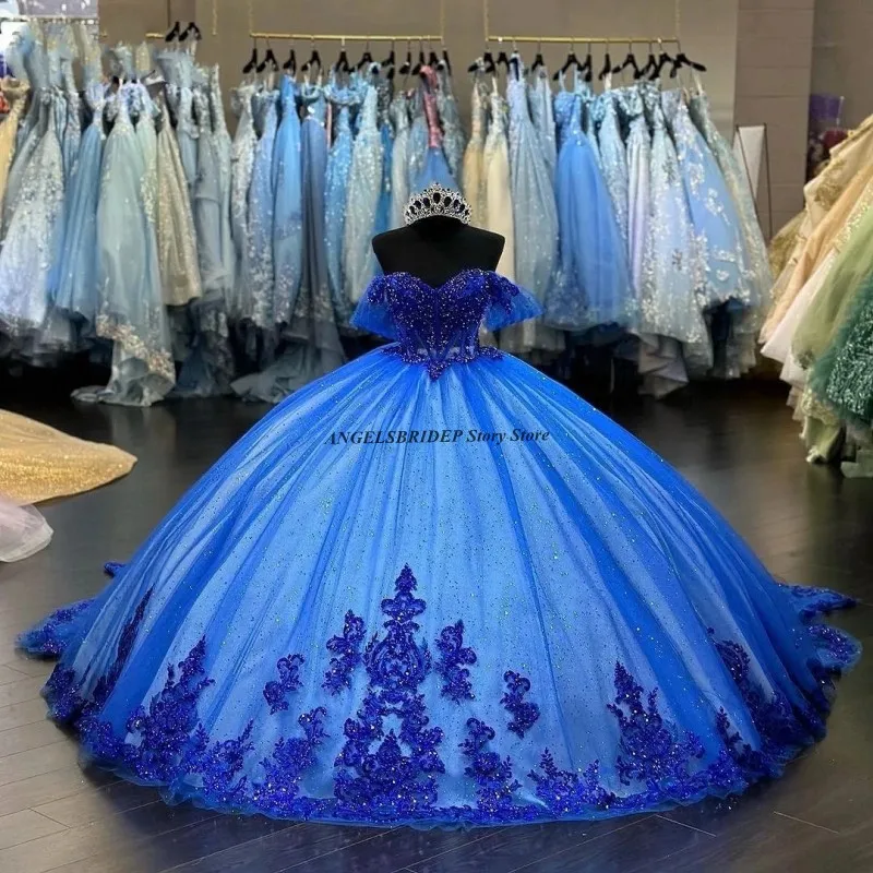 Angelsbridep Koningsblauwe Quinceanera Jurken Kristallen Kralen Appliqué Vestidos De 15 Anos Verjaardagsfeest Prom Jurken Baljurken