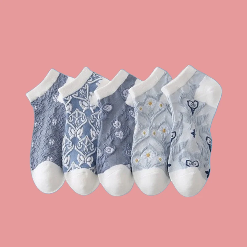 

5/10 Pairs High Quality Women's Short Socks Sweat-absorbent Classical Fashion Blue White Flower Breathable Women's Boat Socks