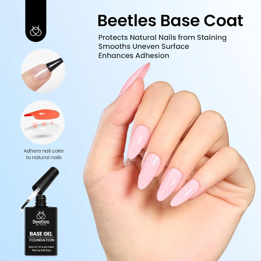 Beetles No Wipe Gel Top Coat e Base Coat Set per Smalto Gel 2 Pezzi 15ml Er Lucido e di Lunga Durata per Soak Off Lampada per Unghie a LED Na