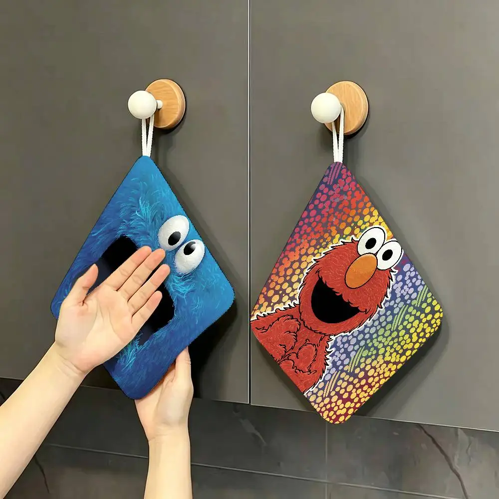 Anime Cartoon S-Sesame S-Streets Polyester Cotton Hanging Kitchen Towel, Soft Hand Wiping Towel, Reusable for Kitchen Home