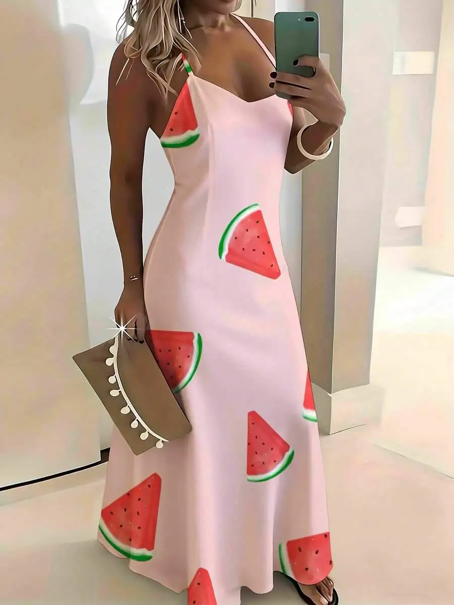 

Watermelon Print Sleeveless V Neck Midi Dress Women Summer Casual Leisure Dress