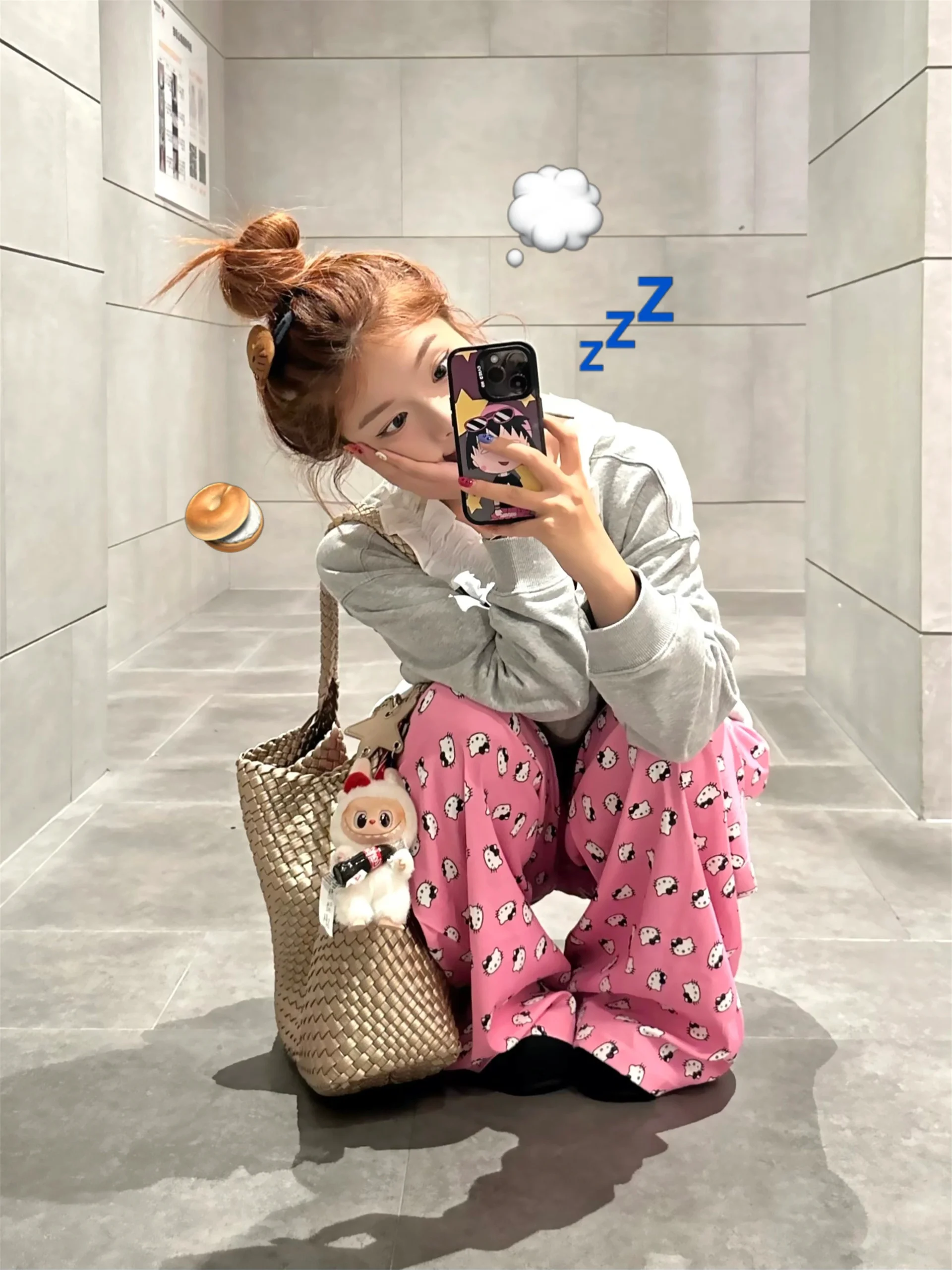 

Розовые мультяшные брюки-палаццо женские летние свободные повседневные для прогулок, модель Dopne KT, маленький размер, корейский стиль, высокая талия