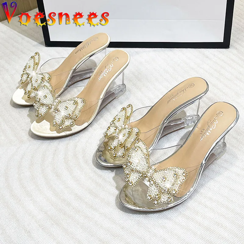 Pearl Women Pumps Crystal Butterfly High Heels Wedges Slipper Sexy Summer Party Wedding Sandals Brand Fashion Transparent Shoes