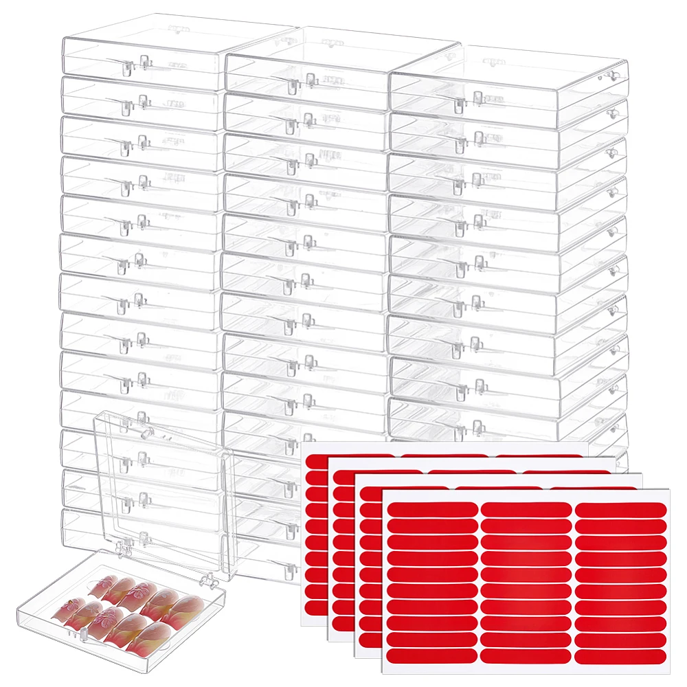 40Pcs Press On Nail Packaging Storage Box Square Acrylic Storage Boxes with 4 Sheets Double Sided Adhesive Glue Sticky Tape