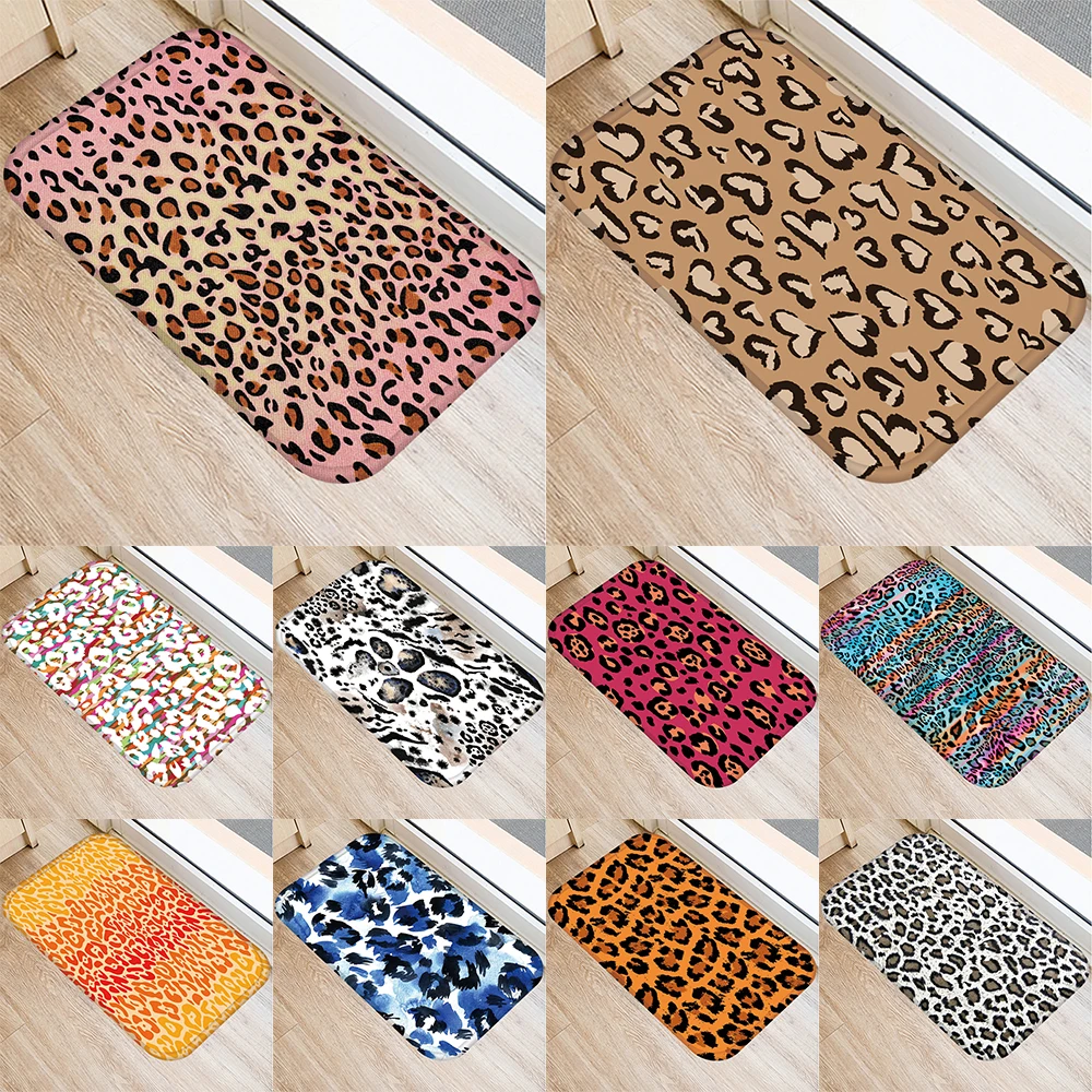 Leopard print pattern floor mat home kitchen bathroom entrance  decoration suede velvet carpet door 