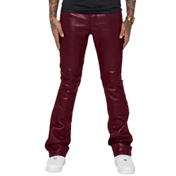 2024 Fall Winter Motorcycle Micro Elastic Black Men's Leather Pants , Red Plus Size Medium Waist Loose Casual Hip-hop PU Pants