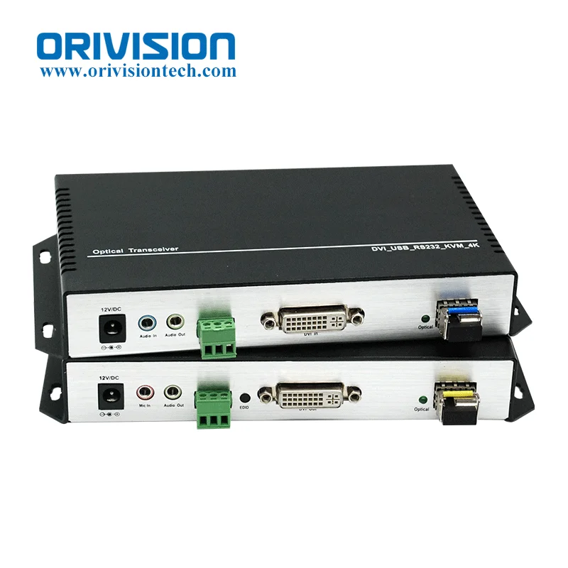 

4K*2K DVI KVM Fiber Optic Extender 20KM with RS232/USB/Audio/Mic/EDID Over Single-Mode 1-core LC Fiber for Security