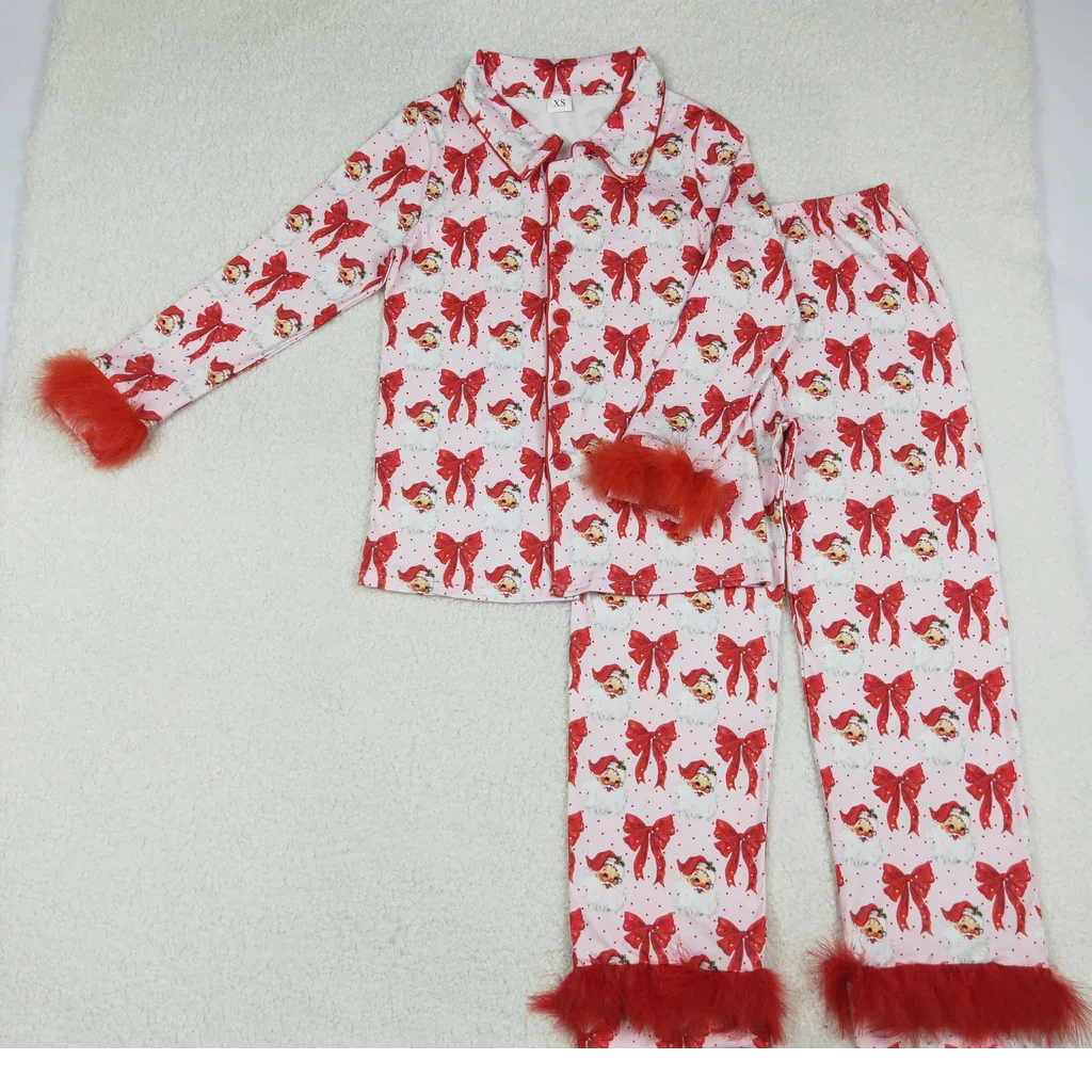 

Christmas Santa Bows Red Feather Buttons Adult Women Pajamas Set