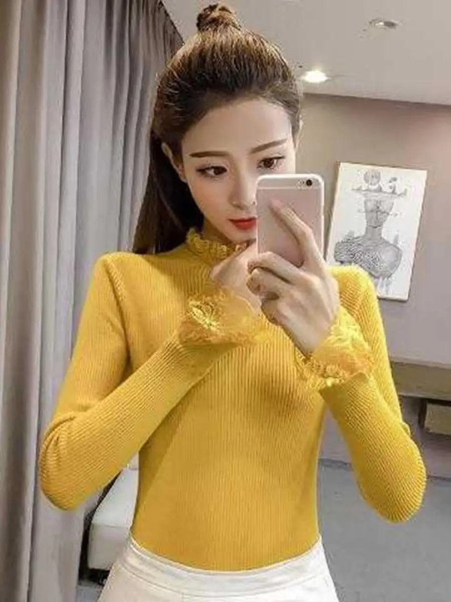 Plus Size Lace Base irt Damen Strickpullover Korean Sle Slim Fit Overhead Ort Sle Vielseitige Tight Fit Innenbekleidung