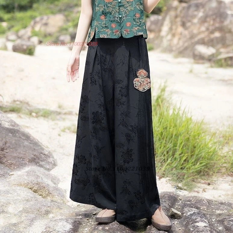 

2026 chinese vintage pants national flower embroidery pendant elastic waist folk trousers traditional satin jacquard loose pants