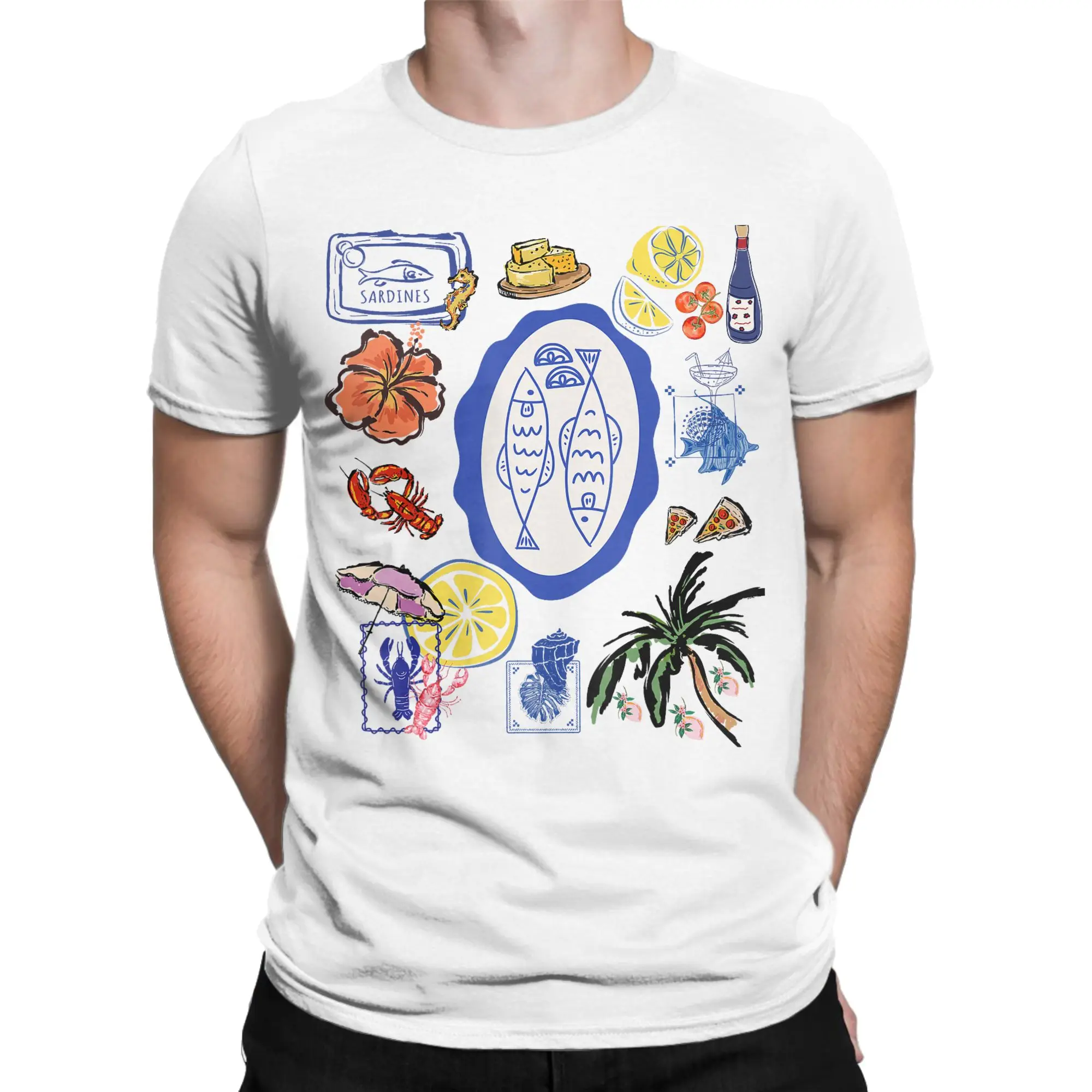 Camiseta Seafood Collage Bon Appetit Vintage Mediterranean Foodie, camisetas básicas de verano Y2K para hombre, camisetas informales