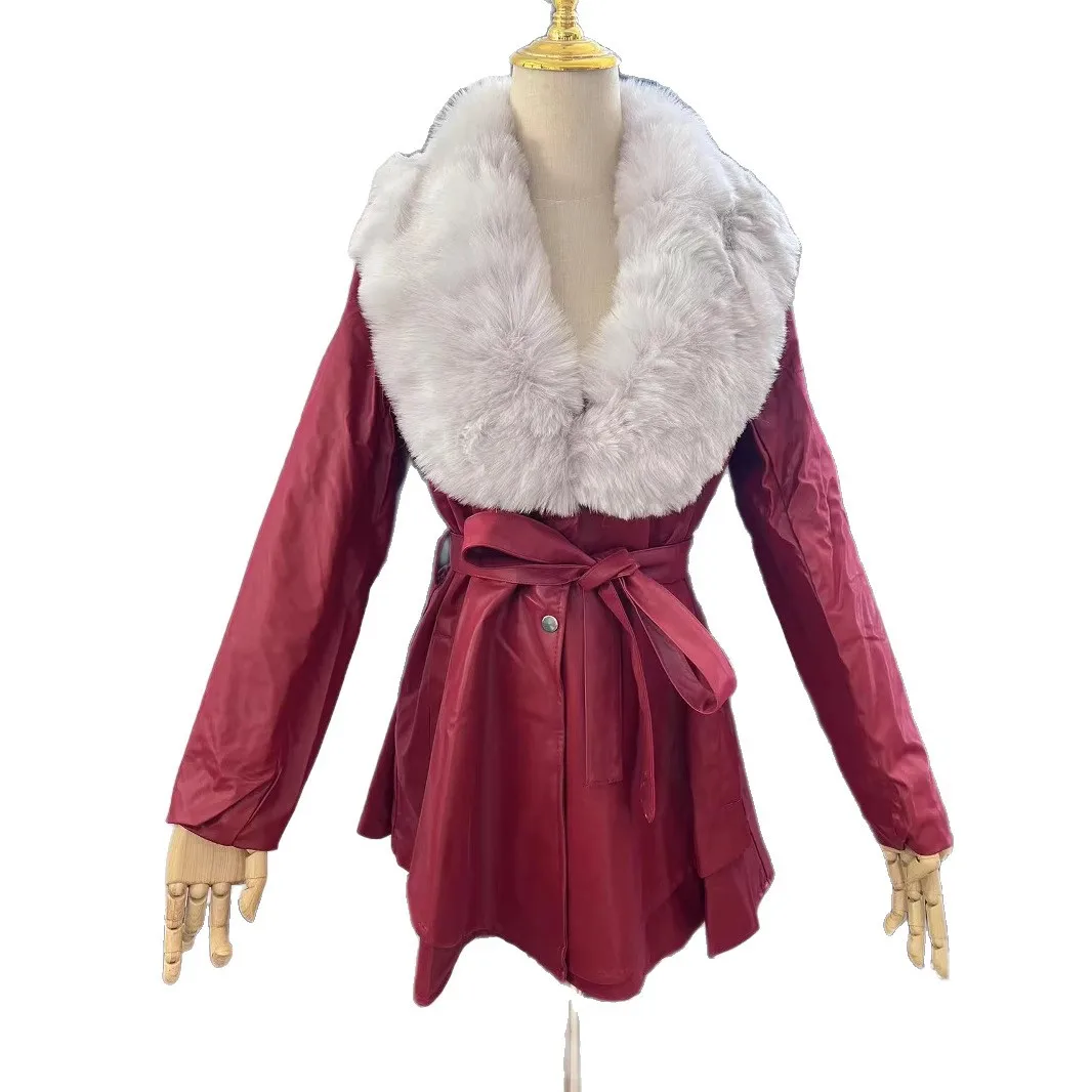 Spliced Fox Fur Coats Women Faux Fur Cardigan Outerwear Jacket Thick Warm Fur PU Leather Sashes Pockets Casual Autumn Winter