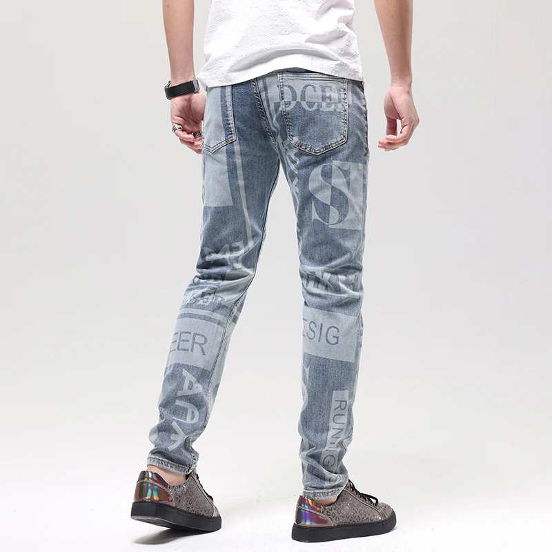 2024New High-End Jeans Men's Fashion Printed All-Matching Street Cool Handsome Slim-Fitting Skinny Trousers