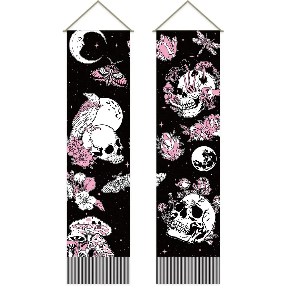 Pack of 2 Skull Tapestries Skull & Flower & Mushrooms Tapestry Mystical Pink Crystal Moon Tassel Tapestry Wall Hanging for