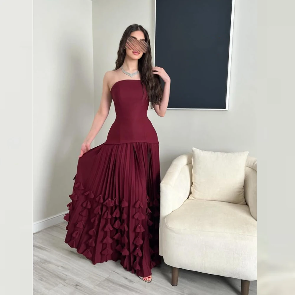 

Strapless Pleated Chiffon Prom Dresses A-Line Wedding Dress Elegant Sleeveless Customized Handcrafted Floral Evening Gowns