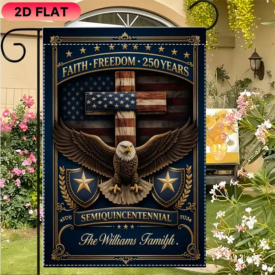 

Personalized American 250th Semiquincentennial Garden Flag, Bald Eagle Cross US Flag Faith Freedom Patriotic Decor Banner, 2D Flat Art Print for Outdoor Yard Lawn Home Summer Shopping Porch Party