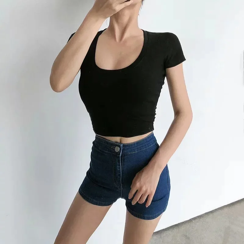 MRMT 2024 Brand New Women's High Waist Navel Crop U-neck T-shirt Short Cotton Short Sleeve Yoga Tight Base Top