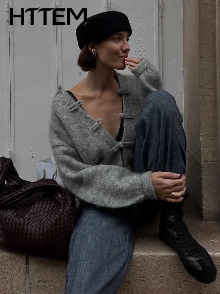 Hippocampal Hair Women's Autumn Cardigan Grey O-neck China Kou Long Sleeve Loose Female Sweater 2026 Winter Chic Lady Knitwear