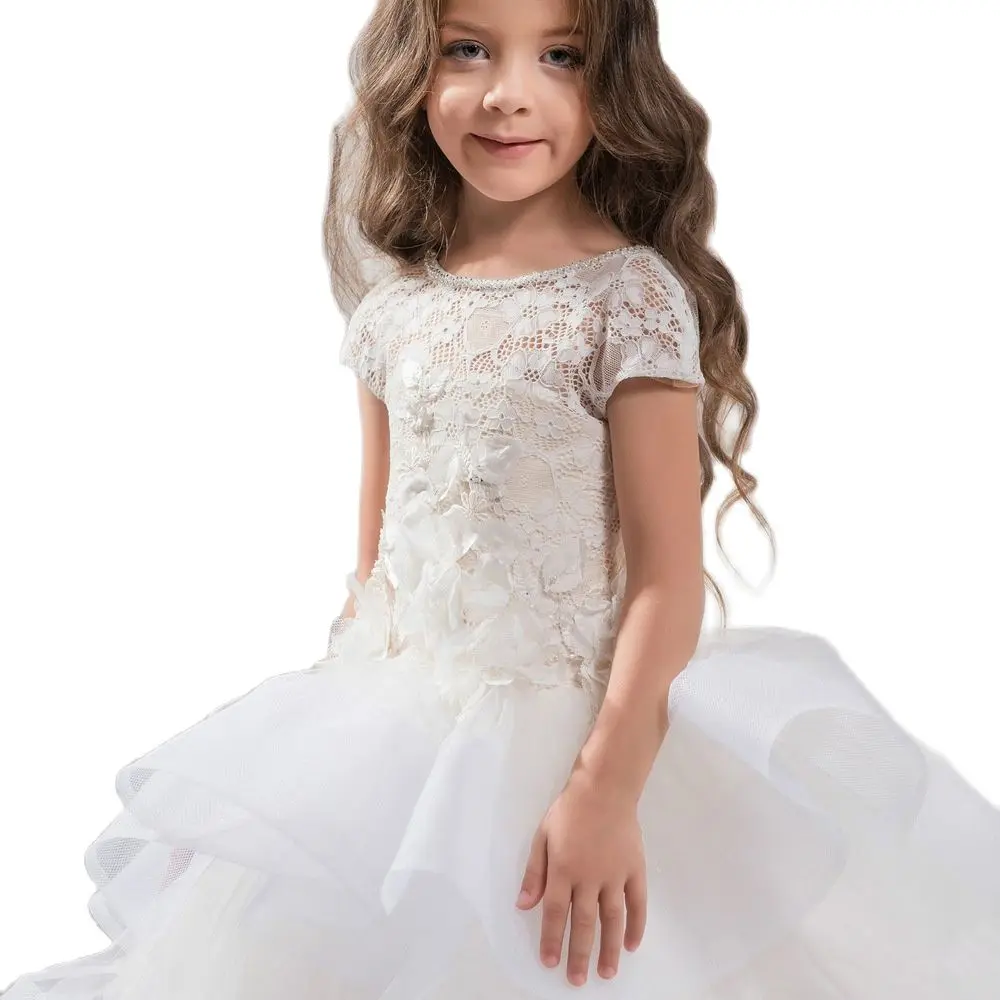 

White ivory Flower Girl Dress Trailer Puffy Wedding party Dress Girl First Communion Eucharist Attended Princess Lace Eve