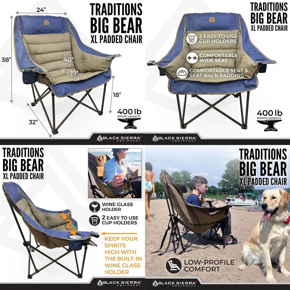 

Black Sierra Deluxe Padded Camping Chair for Sports & Outdoors, Oversize XL Outdoor Folding Chair Supports 400 lbs, Heavy Duty S