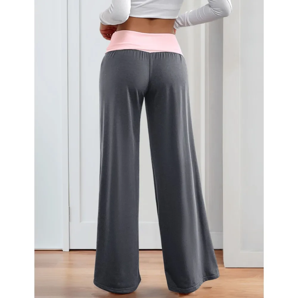 レディース ローウエスト カラーブロック カジュアル スポーツ ワイドレッグパンツ コントラスト ルーズ 快適 オールマッチ シンプル スタイル 通勤 トレンディ