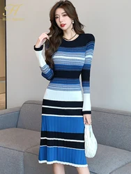 H Han Queen New Autumn Dresses Women Vintage Color Blocking Striped A-Line Vestidos Fashion Slim Party Casual Office Dress