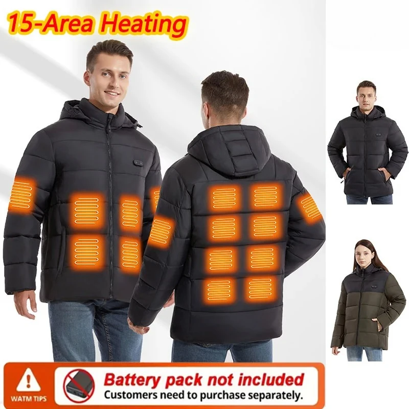 15 zone veste chauffante à capuche hommes chaleur veste chauffante femmes hiver Sports de plein air manteau chaud à capuche (batterie externe non incluse)