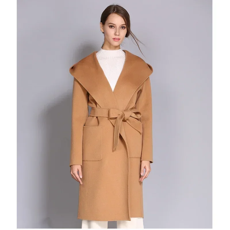 Women Coats Woolen Double-sided Cashmere Wool Coat Blends Long Autumn Winter Mid-length Large Lapel Buttonless Hood Lace Up Slim