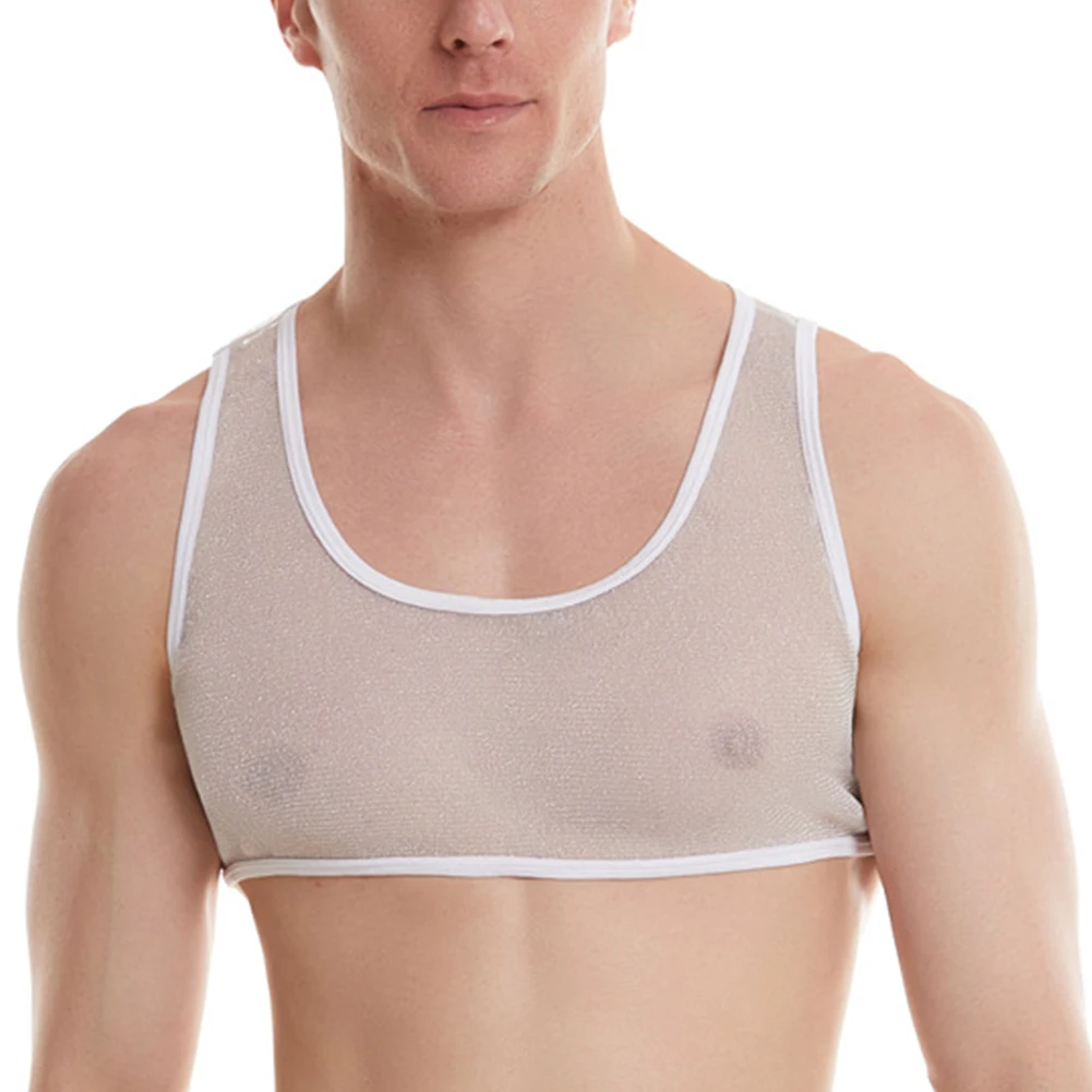 男性シースルーメッシュ薄手のタンクトップノースリーブ筋肉通気性速乾アンダーシャツクロップ超薄型エロトップス U ネックベスト