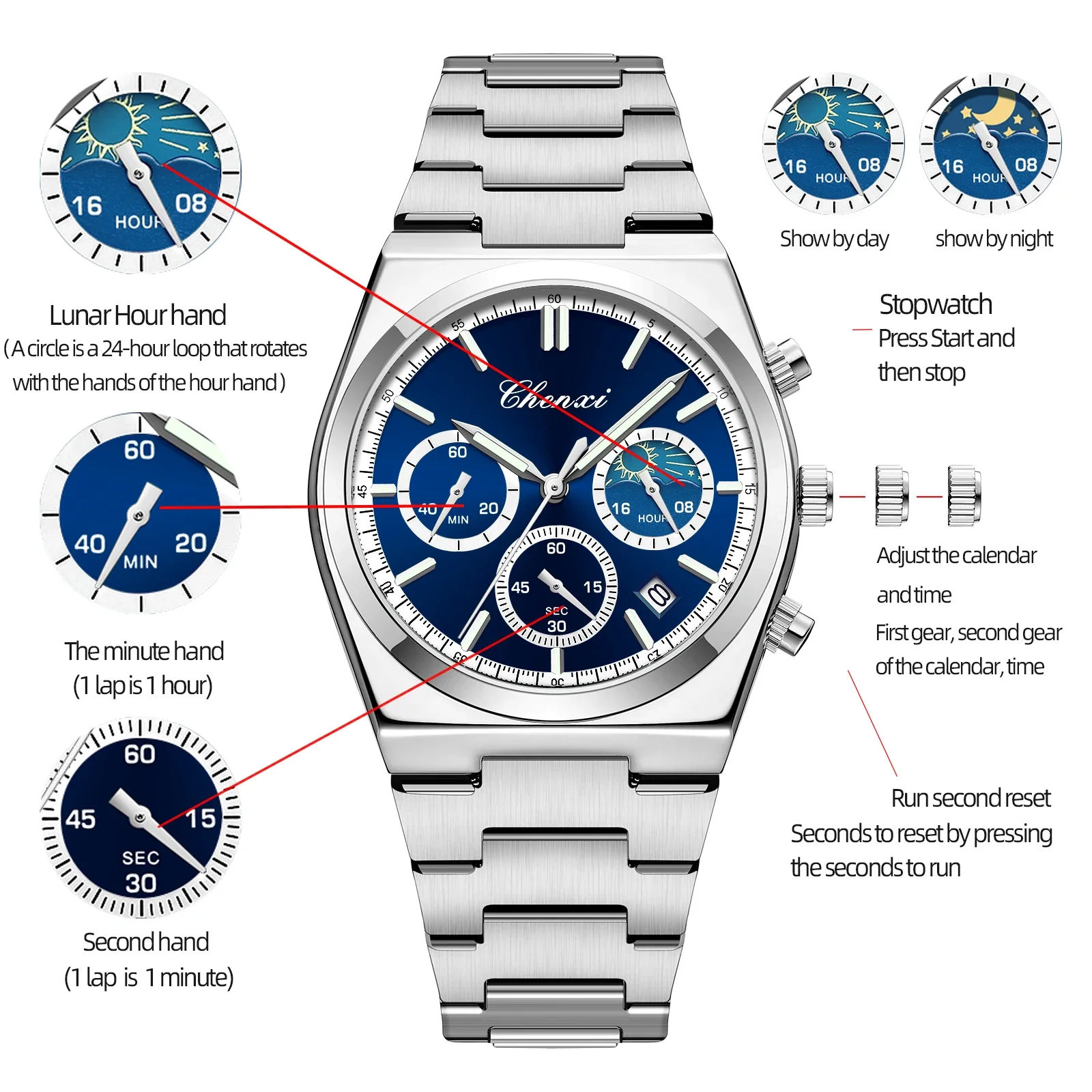 Classic Men's Date Chronograph Moon Phase Watch, Sport Military Waterproof Quartz Wristwatches Luxury New 2025 CHENXI Watch Man