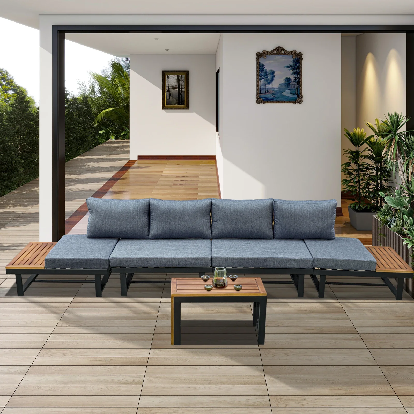 Patio Sectional Sofa Set Couch Aluminum Frame built in table With Cushions Outdoor Furniture
