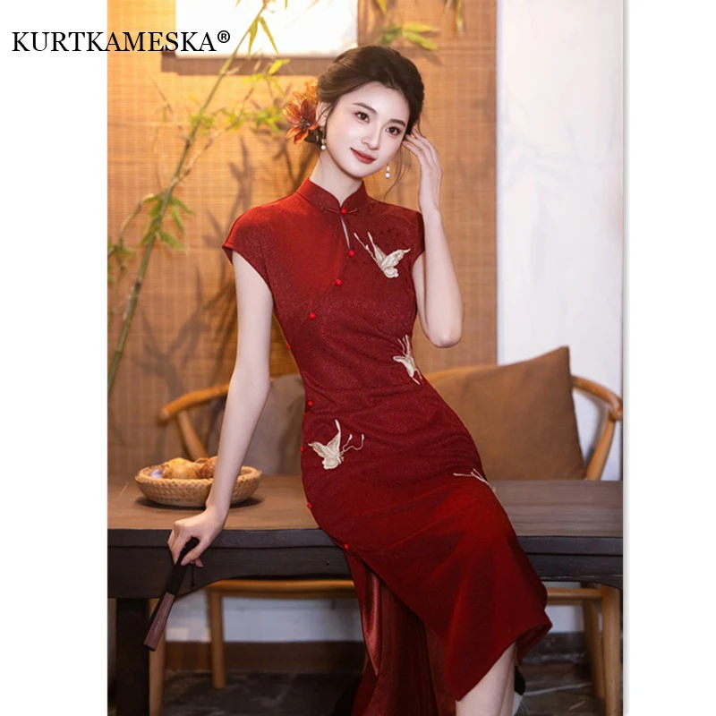 chinese-cheongsam-midi-dress-butterfly-embroidery-side-slit-wedding-guest-bridal-toast-evening-party-brithday-dresses-for-women