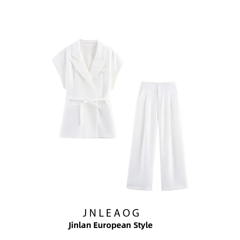 JNLEAOG Autumn New Women's Fashion Mix Fabric Double-breasted Vest Long Pants Two-piece Set Polyester Fiber European Style