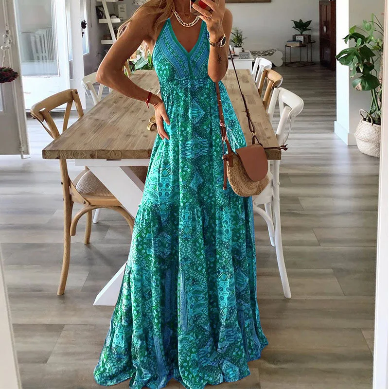 Sexy Holiday Print Dr Women's Strapl Gown Summer Long Skirt V-Ne A-Line Maxi Dr High Waist Floral Pattern