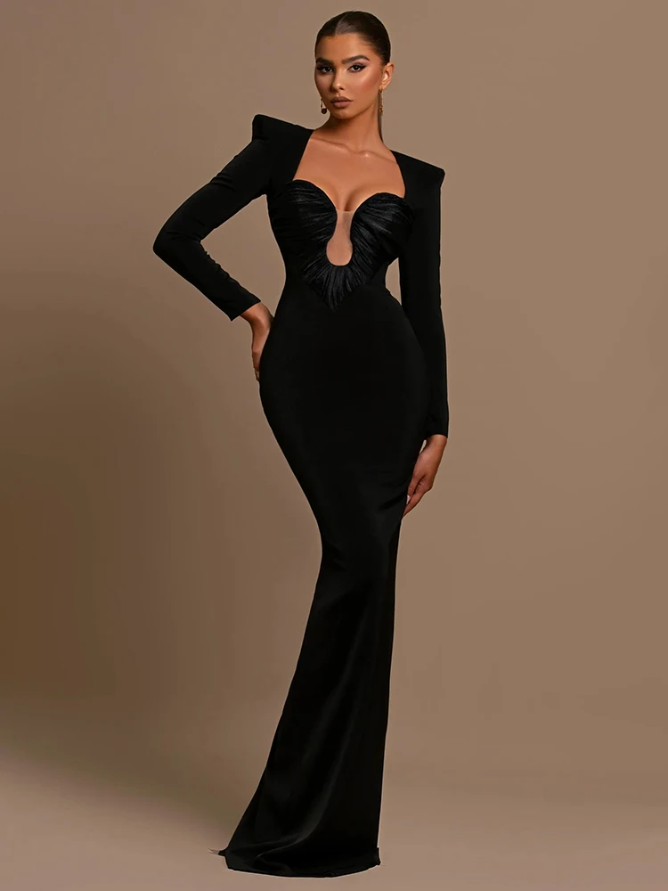 Glamorous Long - Sleeve Black Aquamarine Cutout Evening Gown Square Collar Folds Design Formal Dinners Long Dress