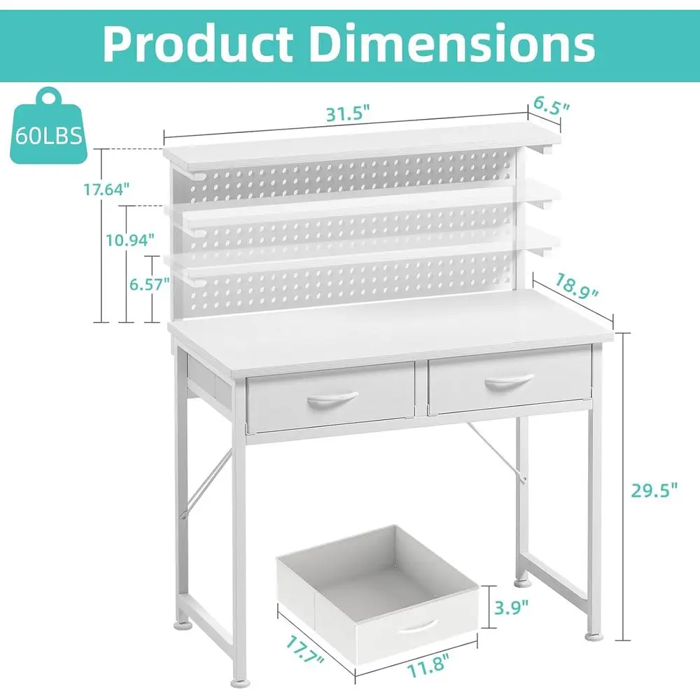 Small Desk with Drawers, 31 Inch Computer Desk with Power Outlet & LED Light, Gaming Desk with Adjustable Monitor Stand & Pegboa